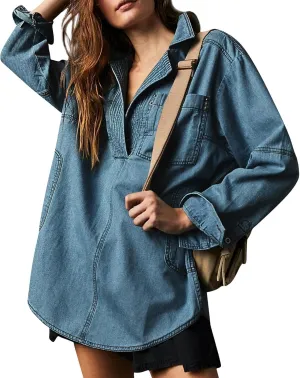 Women Denim Shirts Fall Lapel V Neck Button Up Shacket Jackets Lightweight Boyfriend Jean Pullover Tops