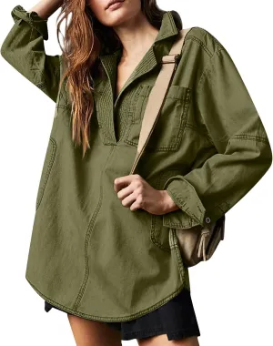 Women Denim Shirts Fall Lapel V Neck Button Up Shacket Jackets Lightweight Boyfriend Jean Pullover Tops
