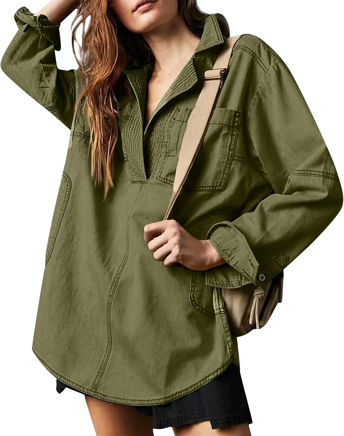 Women Denim Shirts Fall Lapel V Neck Button Up Shacket Jackets Lightweight Boyfriend Jean Pullover Tops