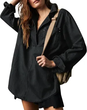 Women Denim Shirts Fall Lapel V Neck Button Up Shacket Jackets Lightweight Boyfriend Jean Pullover Tops