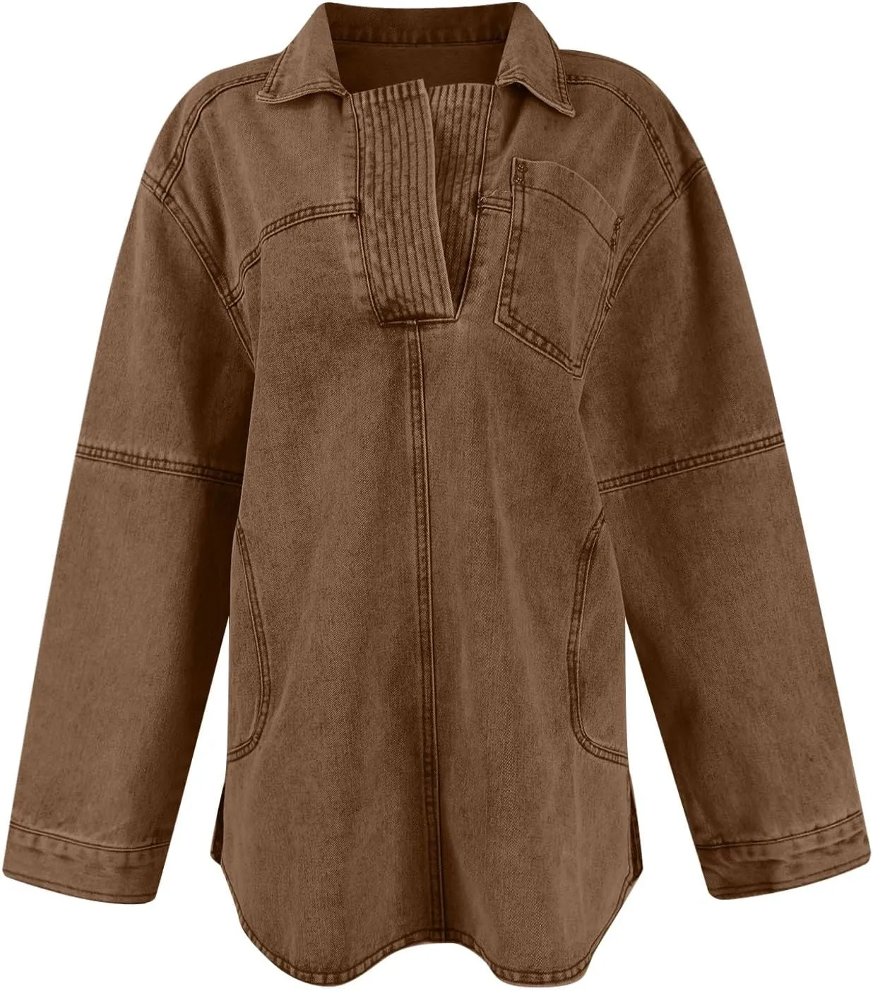 Women Denim Shirts Fall Lapel V Neck Button Up Shacket Jackets Lightweight Boyfriend Jean Pullover Tops
