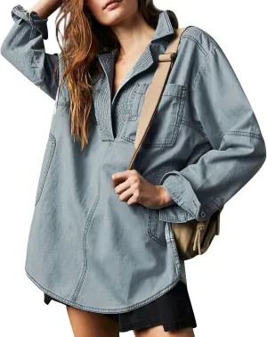 Women Denim Shirts Fall Lapel V Neck Button Up Shacket Jackets Lightweight Boyfriend Jean Pullover Tops
