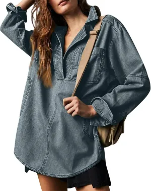 Women Denim Shirts Fall Lapel V Neck Button Up Shacket Jackets Lightweight Boyfriend Jean Pullover Tops