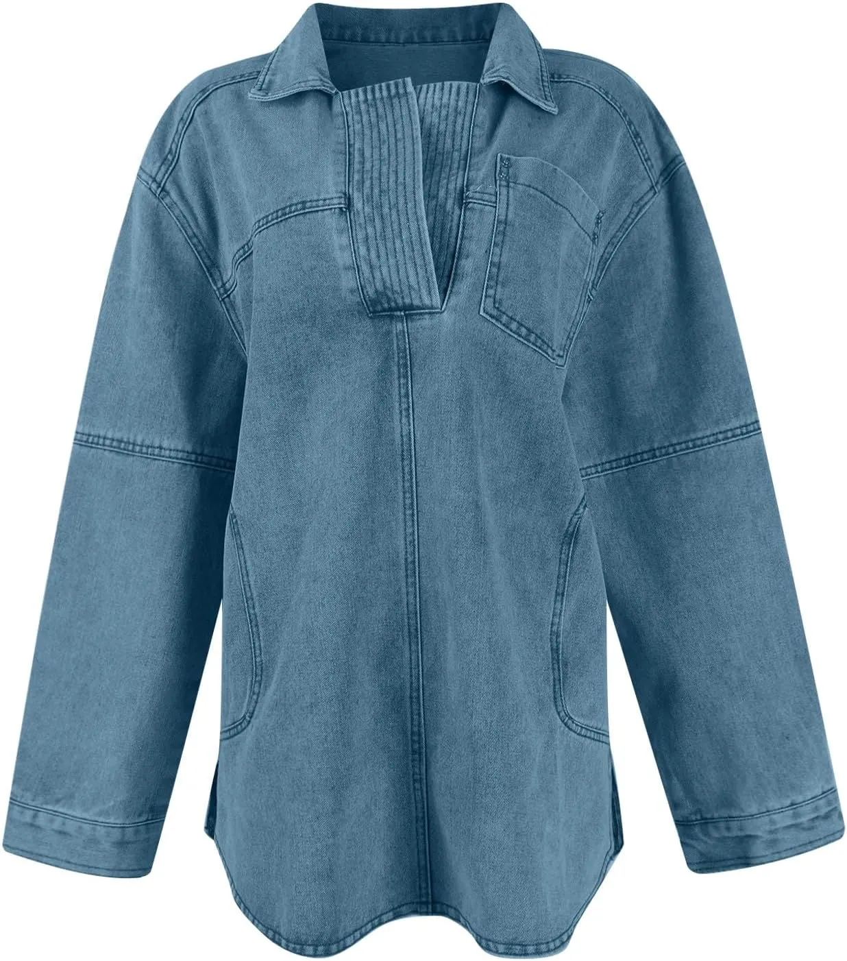 Women Denim Shirts Fall Lapel V Neck Button Up Shacket Jackets Lightweight Boyfriend Jean Pullover Tops
