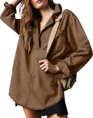 Women Denim Shirts Fall Lapel V Neck Button Up Shacket Jackets Lightweight Boyfriend Jean Pullover Tops