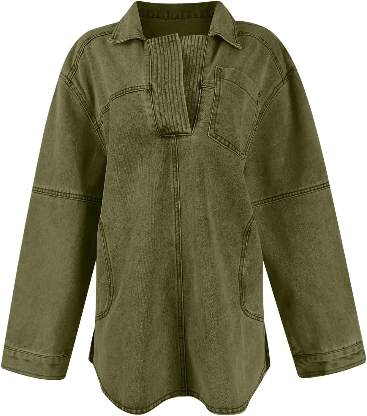 Women Denim Shirts Fall Lapel V Neck Button Up Shacket Jackets Lightweight Boyfriend Jean Pullover Tops