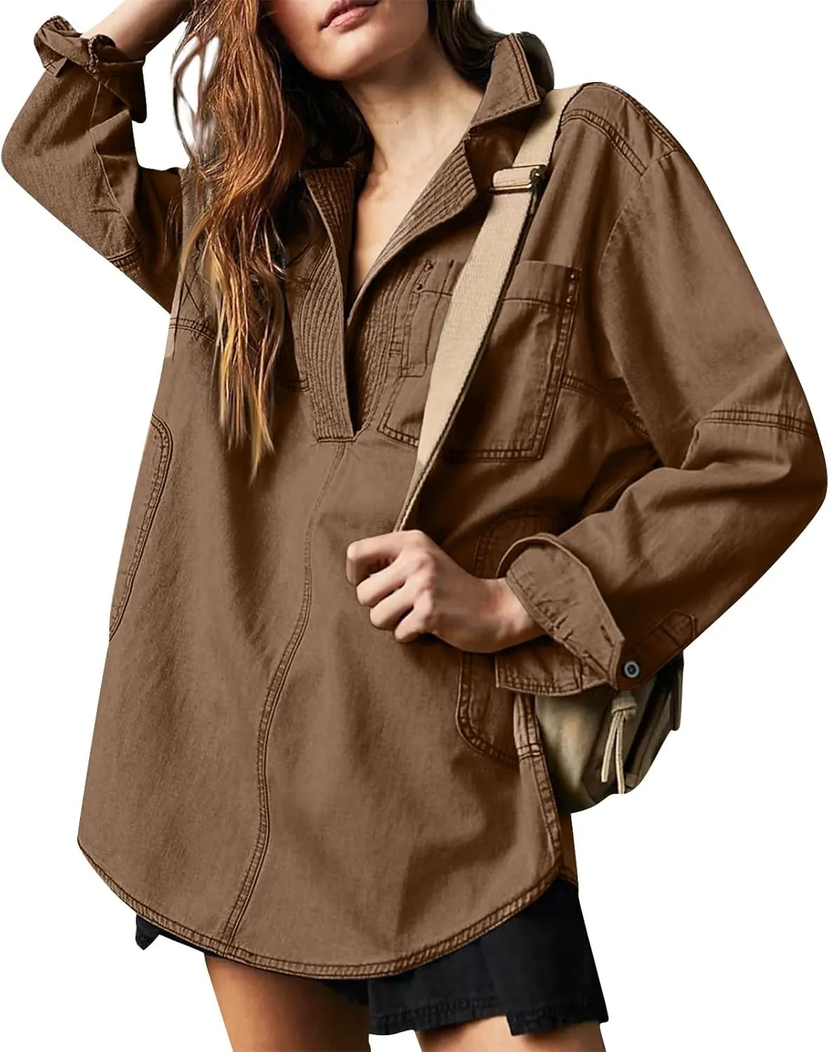 Women Denim Shirts Fall Lapel V Neck Button Up Shacket Jackets Lightweight Boyfriend Jean Pullover Tops