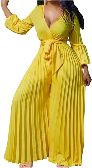 Women Elegant Full Pleated Jumpsuit Lantern Long Sleeve Sexy Wrap V Neck One Piece Belted High Waist Wide Leg Romper