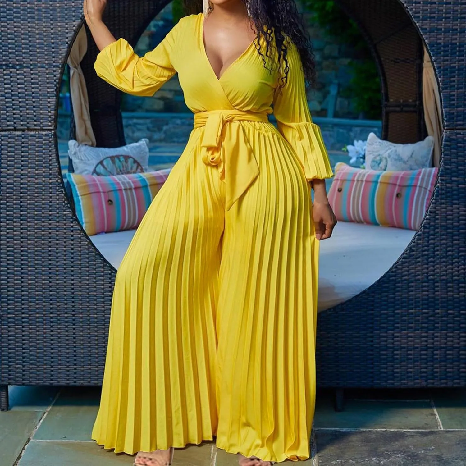 Women Elegant Full Pleated Jumpsuit Lantern Long Sleeve Sexy Wrap V Neck One Piece Belted High Waist Wide Leg Romper