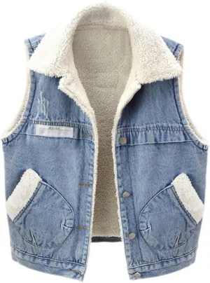 Women Fleece Sherpa Lined Denim Vest Sleeveless Lamb Wool Warm Jean Jacket with Pockets Retro Button Down Lapel Vests