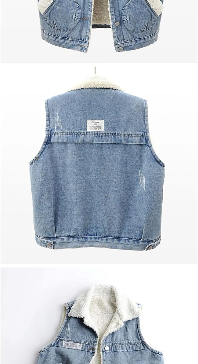Women Fleece Sherpa Lined Denim Vest Sleeveless Lamb Wool Warm Jean Jacket with Pockets Retro Button Down Lapel Vests
