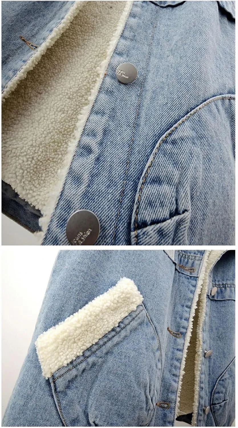 Women Fleece Sherpa Lined Denim Vest Sleeveless Lamb Wool Warm Jean Jacket with Pockets Retro Button Down Lapel Vests