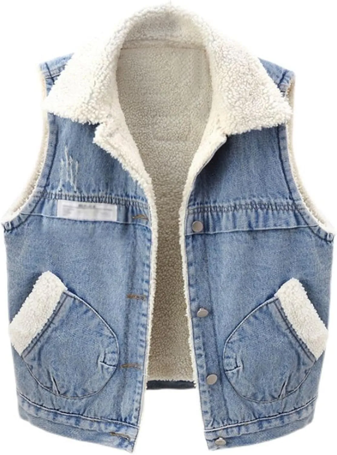 Women Fleece Sherpa Lined Denim Vest Sleeveless Lamb Wool Warm Jean Jacket with Pockets Retro Button Down Lapel Vests