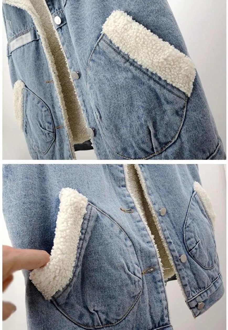 Women Fleece Sherpa Lined Denim Vest Sleeveless Lamb Wool Warm Jean Jacket with Pockets Retro Button Down Lapel Vests