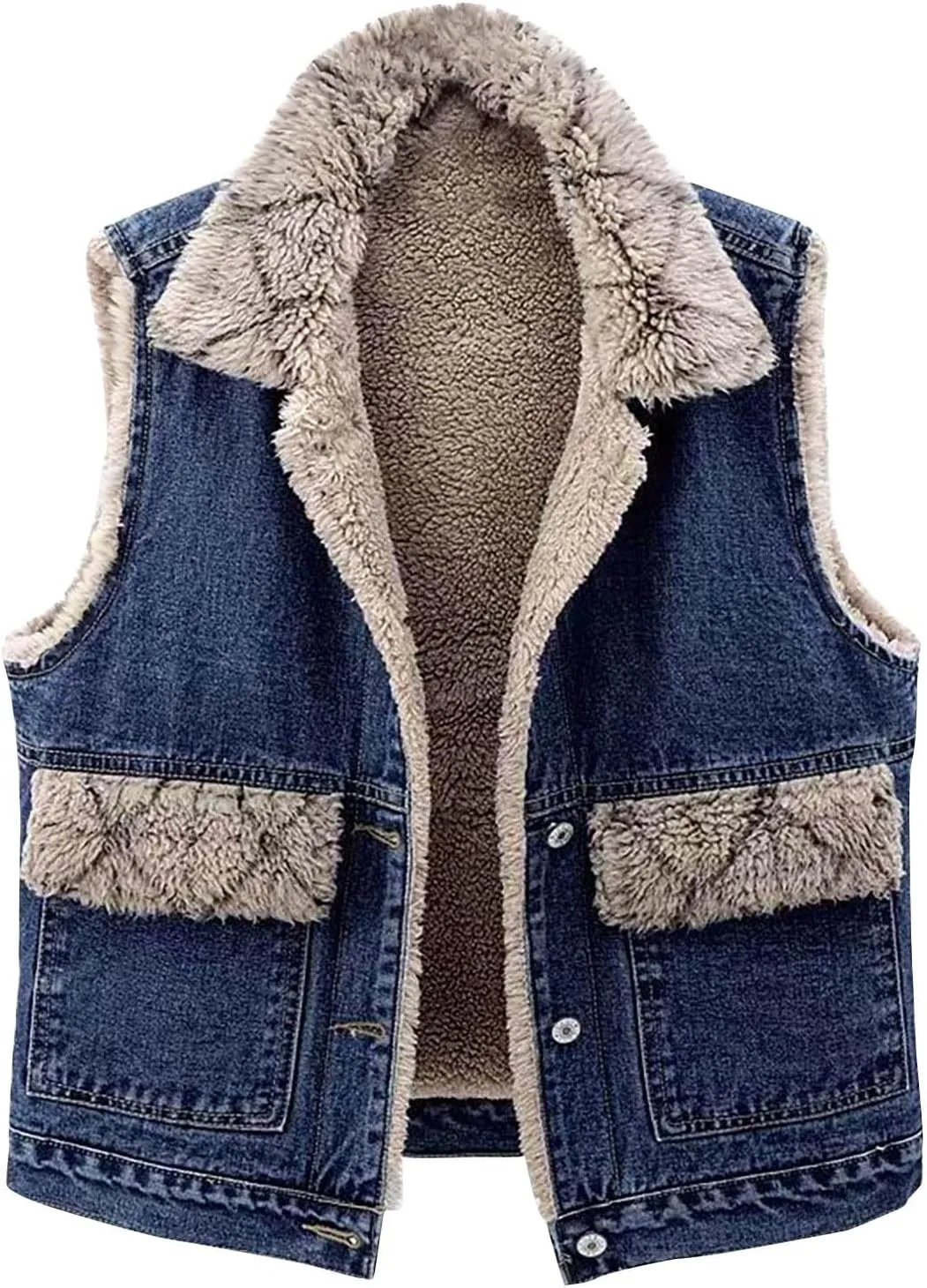 Women Fleece Sherpa Lined Denim Vest Sleeveless Lamb Wool Warm Jean Jacket with Pockets Retro Button Down Lapel Vests