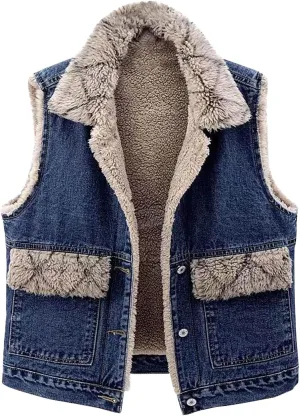 Women Fleece Sherpa Lined Denim Vest Sleeveless Lamb Wool Warm Jean Jacket with Pockets Retro Button Down Lapel Vests