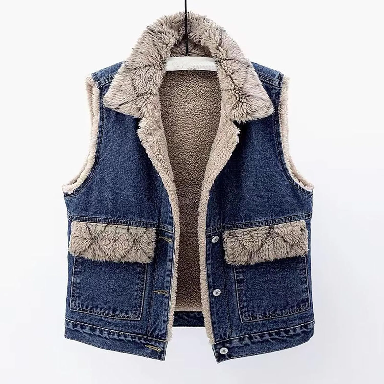 Women Fleece Sherpa Lined Denim Vest Sleeveless Lamb Wool Warm Jean Jacket with Pockets Retro Button Down Lapel Vests