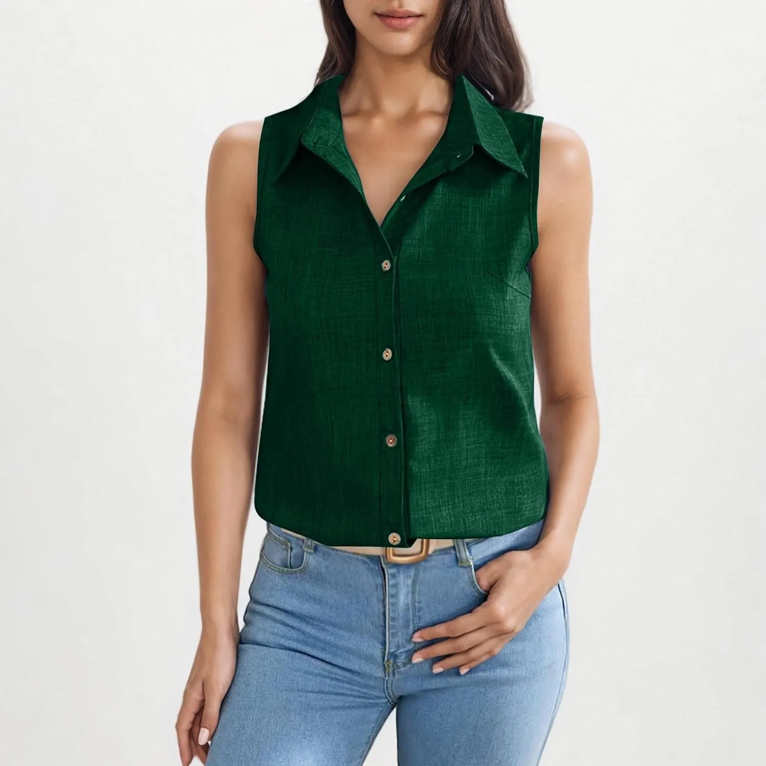 Women Linen Vest Summer Sleeveless Button Down Shirts Collared Tops Dressy Casual Business Office Work Clothes