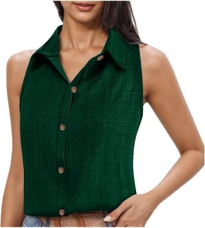 Women Linen Vest Summer Sleeveless Button Down Shirts Collared Tops Dressy Casual Business Office Work Clothes