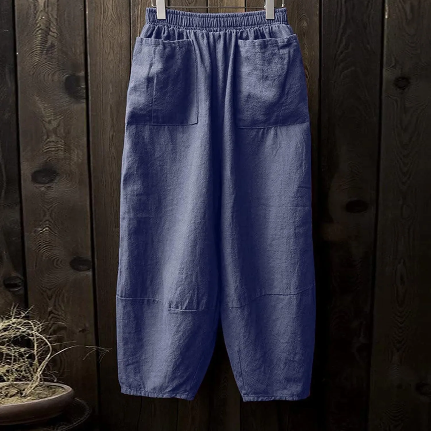 Women Vintage Cotton Linen Pant Casual Solid Colours Harem Pant Summer Lightweight Trousers with Pockets (Dark Blue, S)