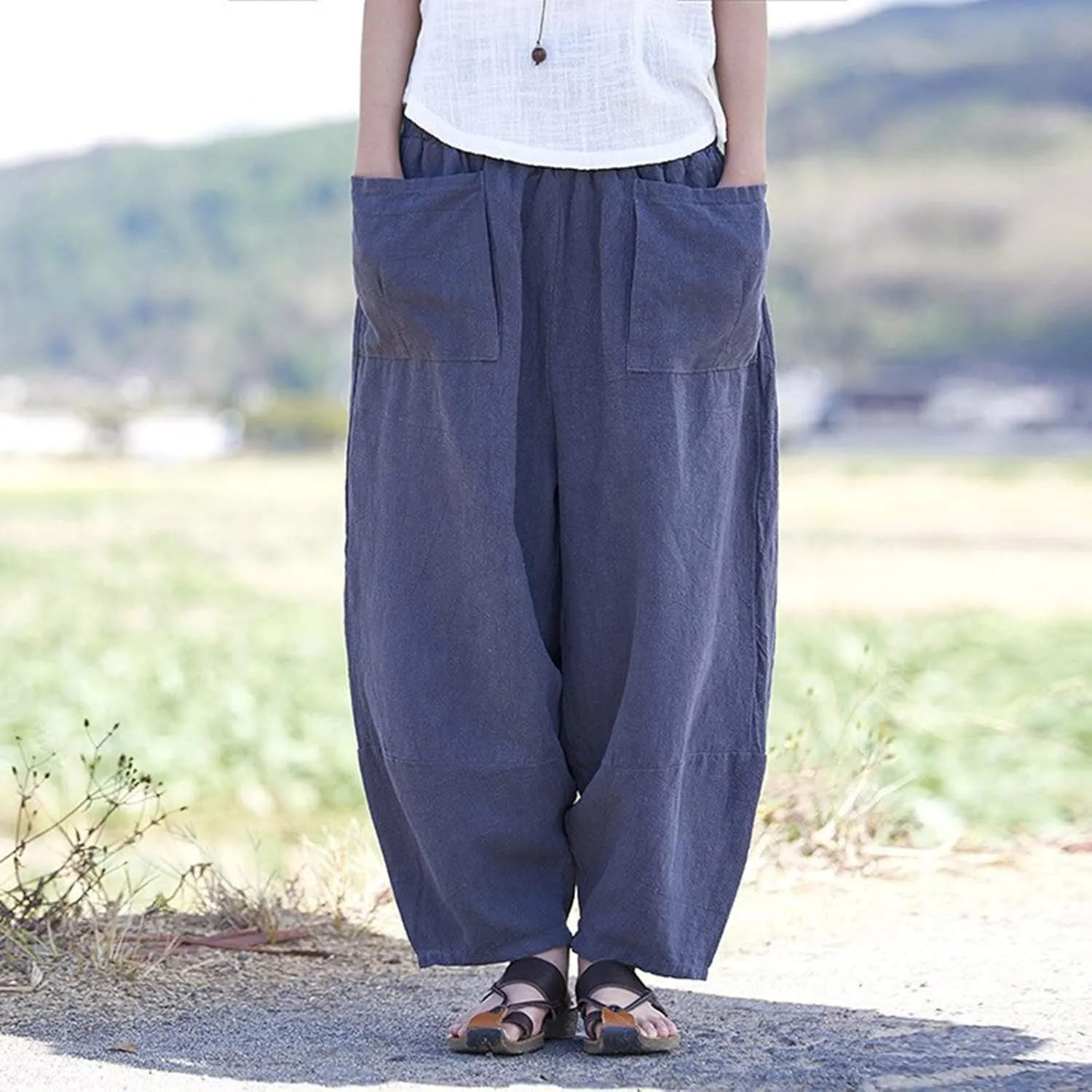Women Vintage Cotton Linen Pant Casual Solid Colours Harem Pant Summer Lightweight Trousers with Pockets (Dark Blue, S)