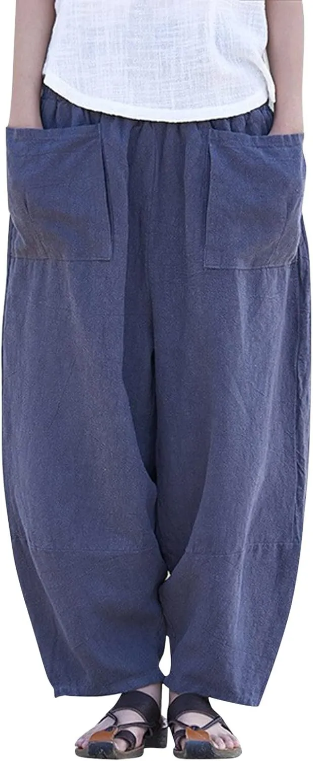 Women Vintage Cotton Linen Pant Casual Solid Colours Harem Pant Summer Lightweight Trousers with Pockets (Dark Blue, S)