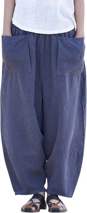 Women Vintage Cotton Linen Pant Casual Solid Colours Harem Pant Summer Lightweight Trousers with Pockets (Dark Blue, S)