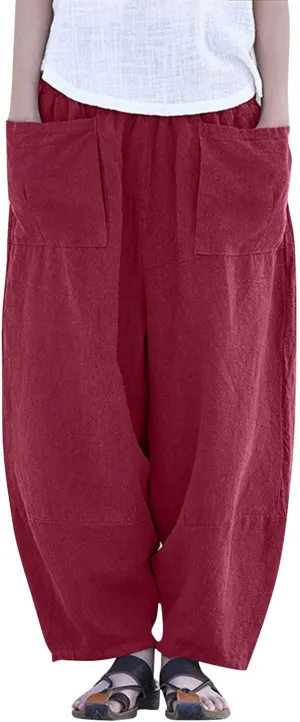 Women Vintage Cotton Linen Pant Casual Solid Colours Harem Pant Summer Lightweight Trousers with Pockets (Wine, S)