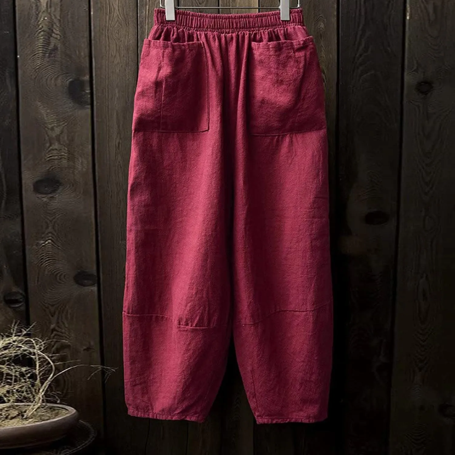 Women Vintage Cotton Linen Pant Casual Solid Colours Harem Pant Summer Lightweight Trousers with Pockets (Wine, S)