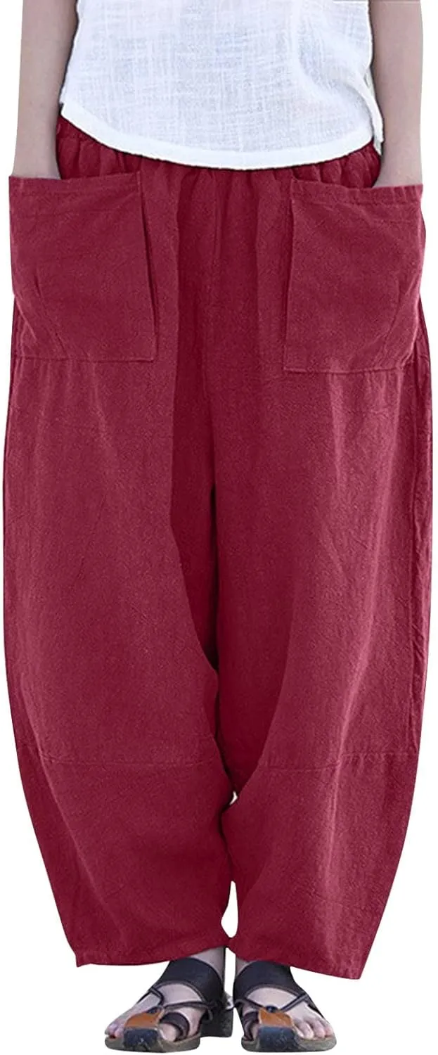 Women Vintage Cotton Linen Pant Casual Solid Colours Harem Pant Summer Lightweight Trousers with Pockets (Wine, S)