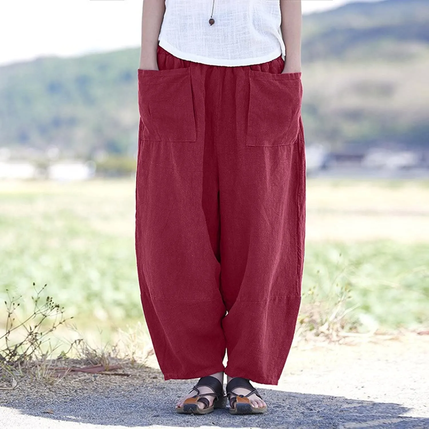 Women Vintage Cotton Linen Pant Casual Solid Colours Harem Pant Summer Lightweight Trousers with Pockets (Wine, S)