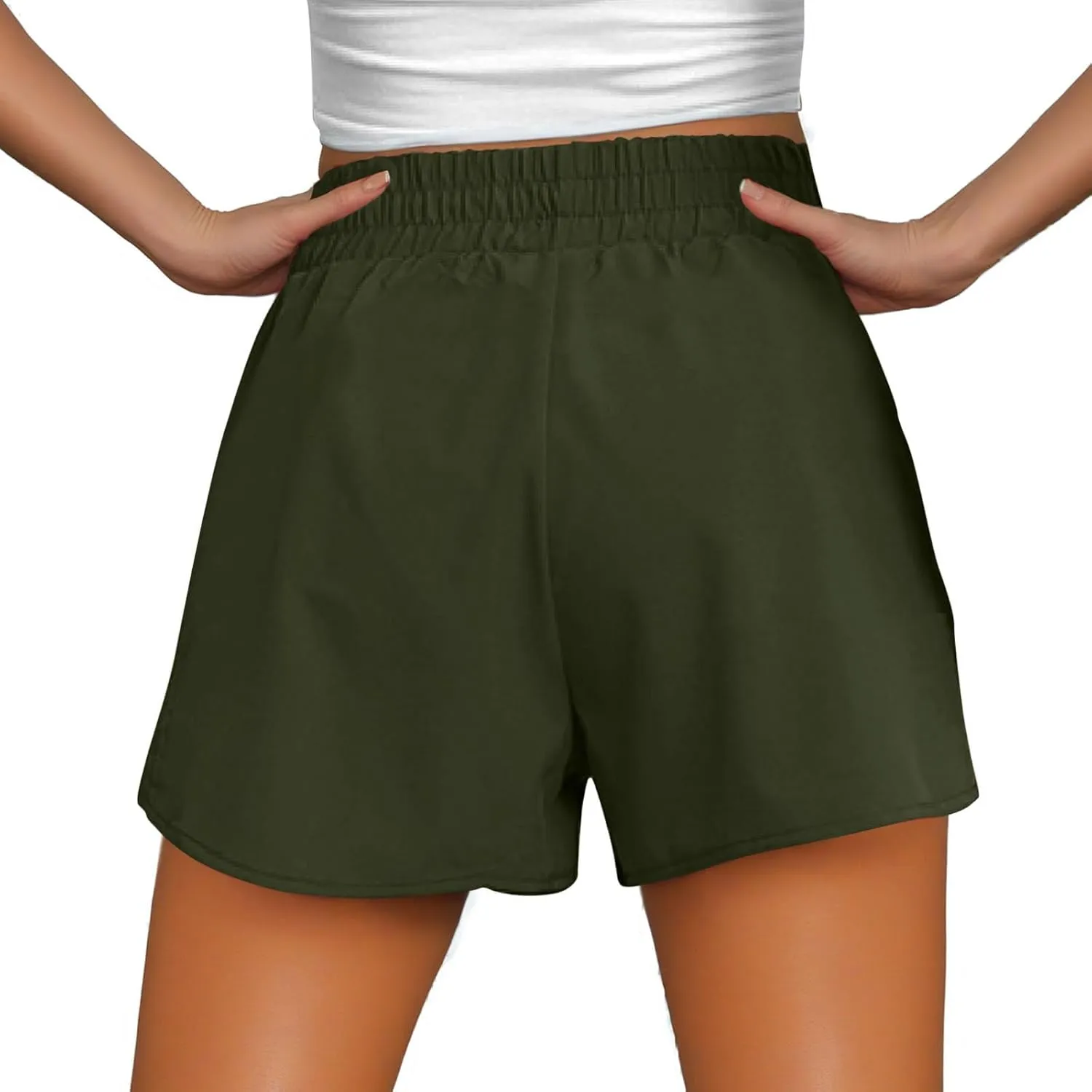 Women's Athletic Shorts High Waisted Running Solid Shorts with Zip Pocket Side Split Short Gym Elastic Workout Pants