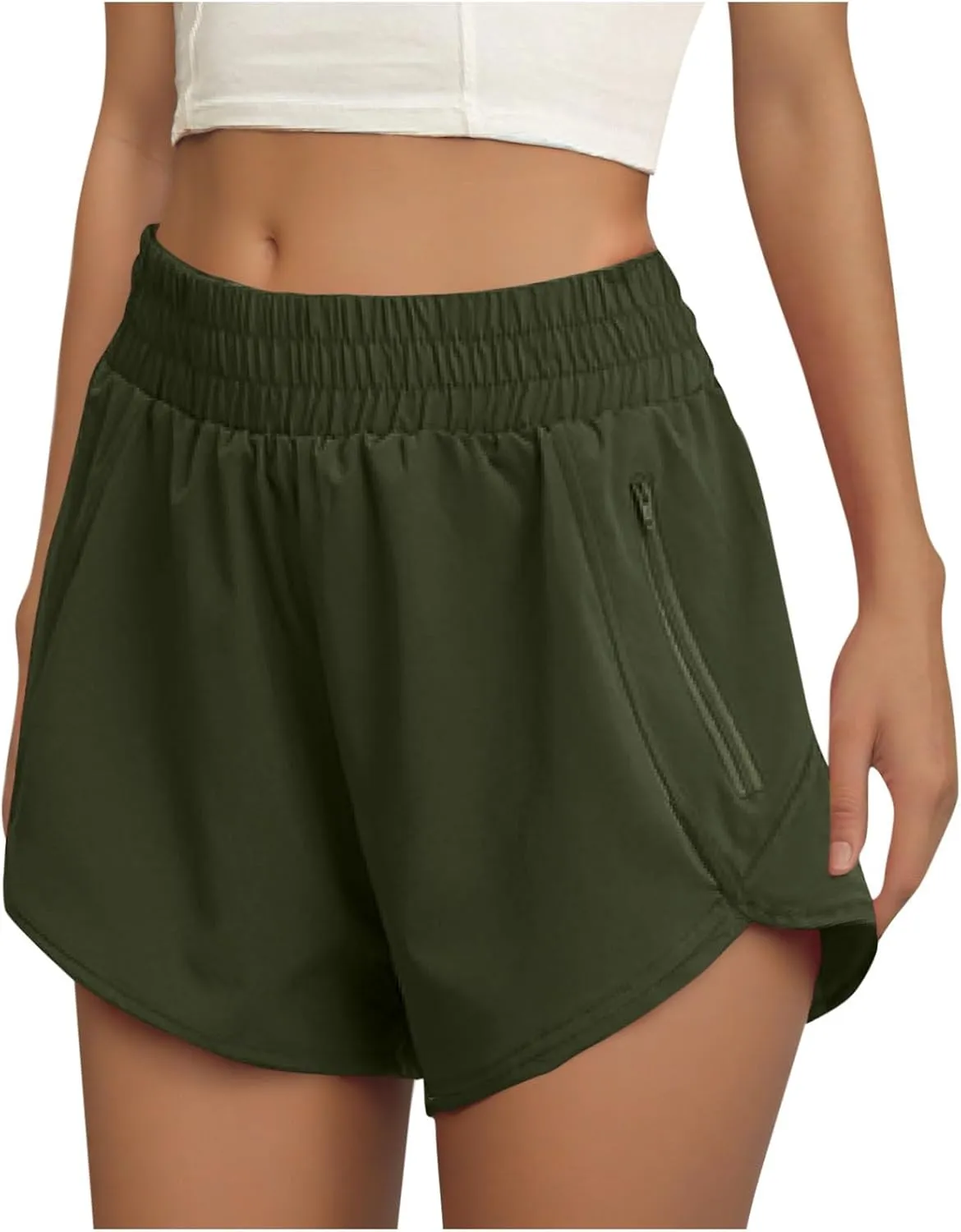 Women's Athletic Shorts High Waisted Running Solid Shorts with Zip Pocket Side Split Short Gym Elastic Workout Pants