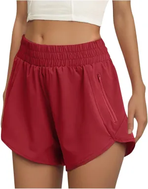 Women's Athletic Shorts High Waisted Running Solid Shorts with Zip Pocket Side Split Short Gym Elastic Workout Pants