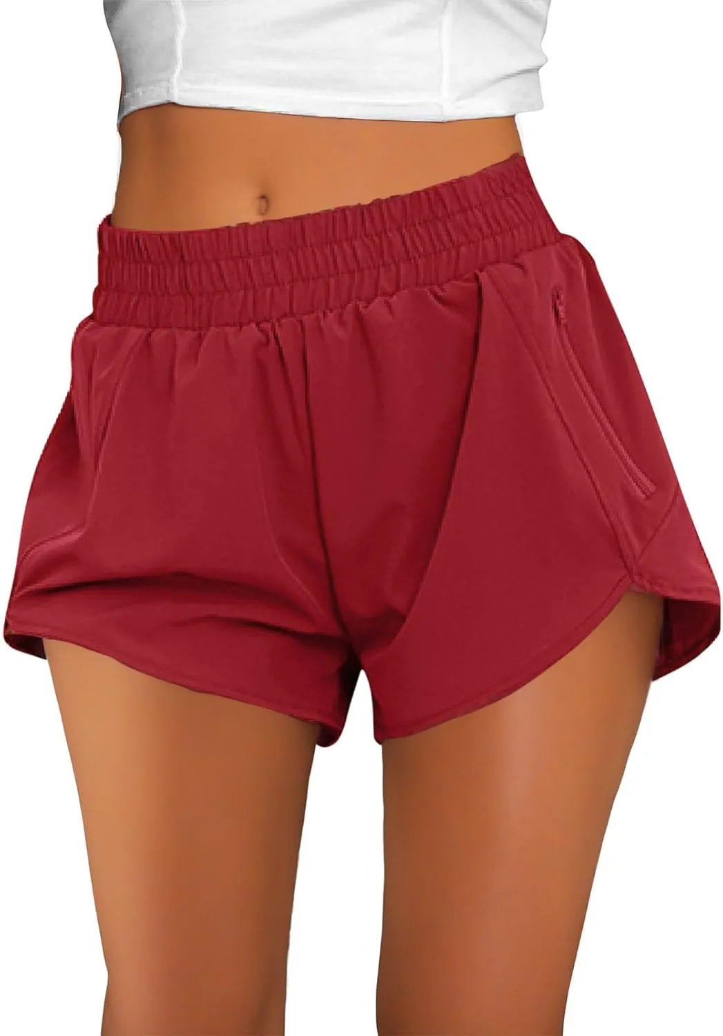 Women's Athletic Shorts High Waisted Running Solid Shorts with Zip Pocket Side Split Short Gym Elastic Workout Pants