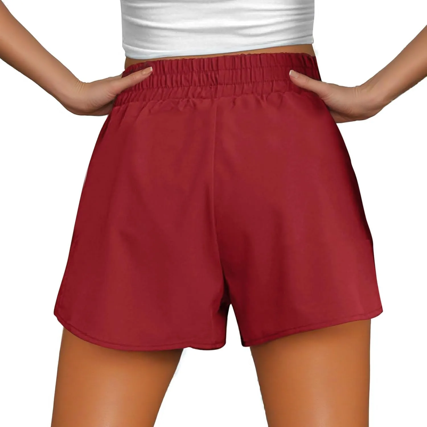 Women's Athletic Shorts High Waisted Running Solid Shorts with Zip Pocket Side Split Short Gym Elastic Workout Pants