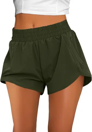 Women's Athletic Shorts High Waisted Running Solid Shorts with Zip Pocket Side Split Short Gym Elastic Workout Pants