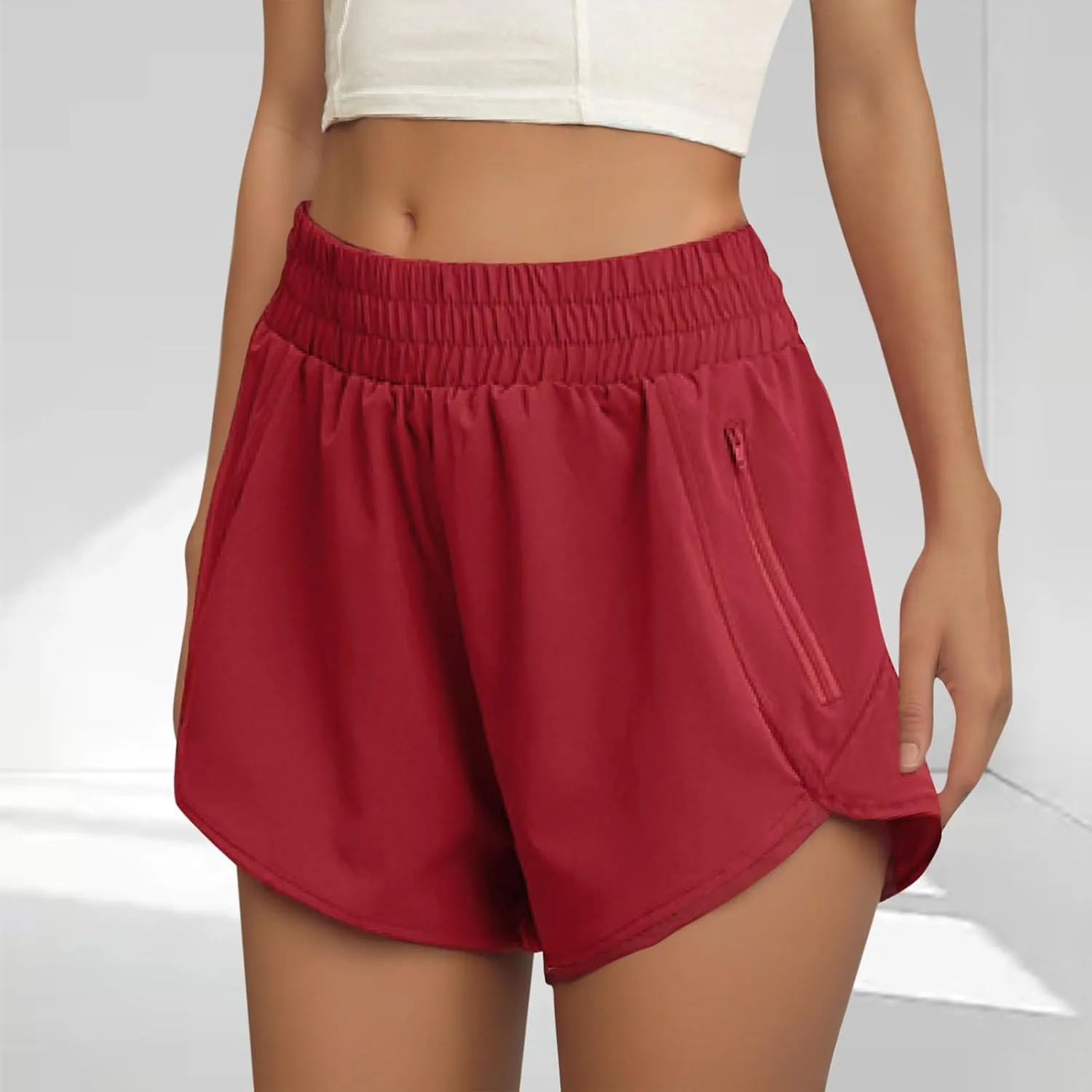 Women's Athletic Shorts High Waisted Running Solid Shorts with Zip Pocket Side Split Short Gym Elastic Workout Pants