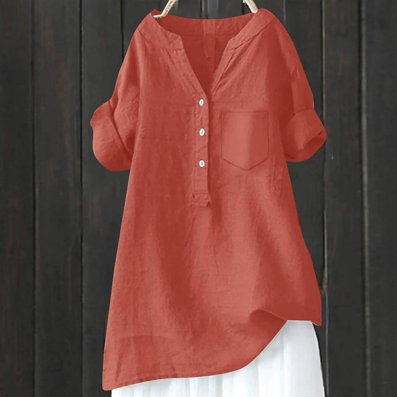 Womens Button Down Collar Shirt Plain Long Sleeve Linen Summer Casual Office Blouse Tops Loose Fit Tunic