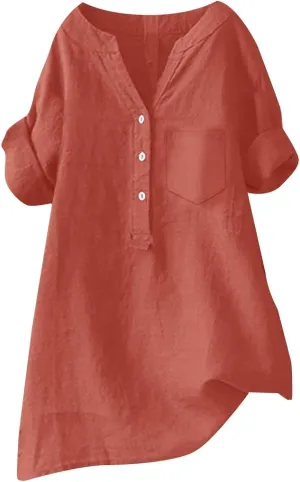 Womens Button Down Collar Shirt Plain Long Sleeve Linen Summer Casual Office Blouse Tops Loose Fit Tunic