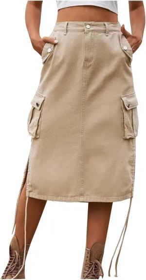 Women's Cargo Denim Skirt High Waisted Summer Casual Work Jeans Dresses Side Drawstring Midi Skirt with Pockets