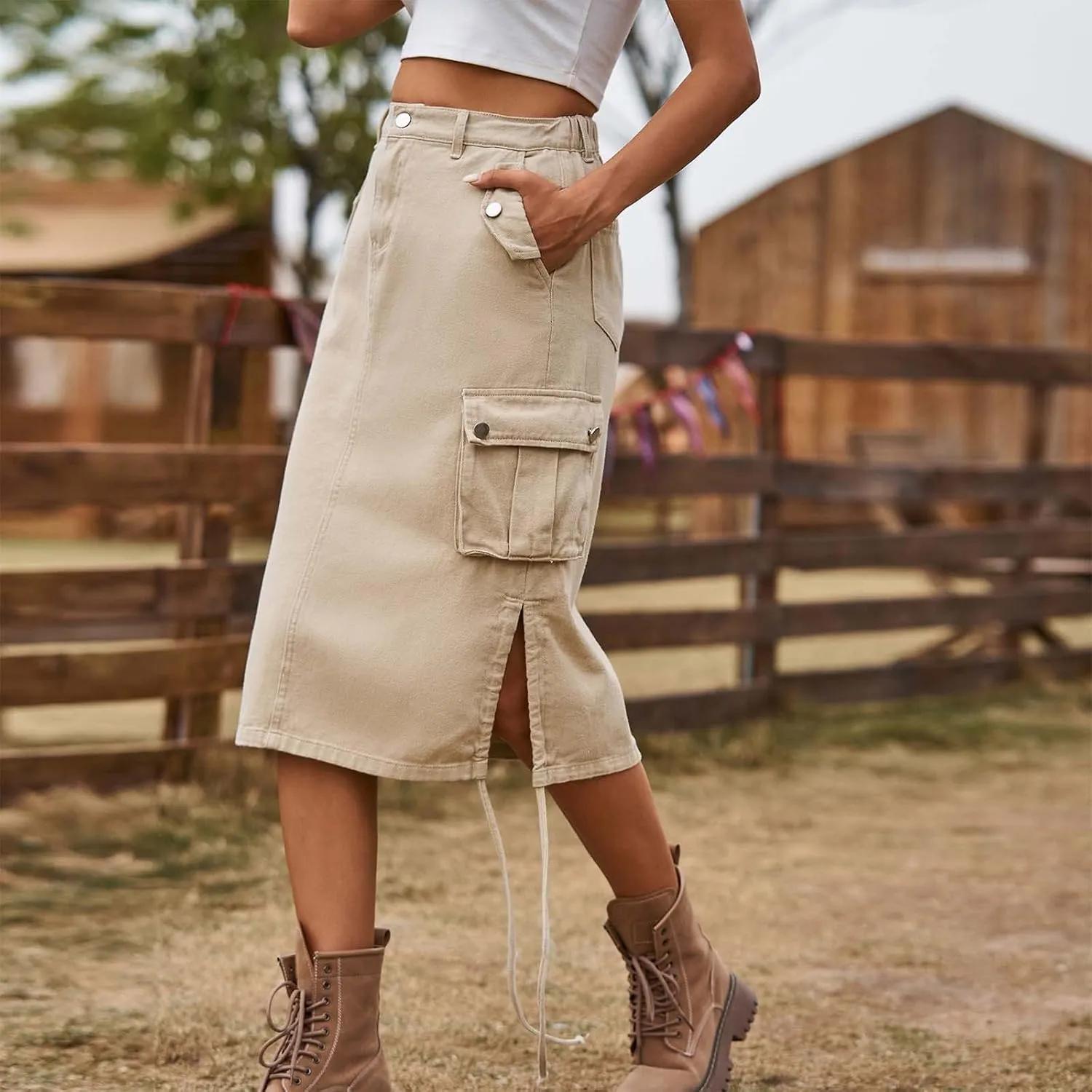 Women's Cargo Denim Skirt High Waisted Summer Casual Work Jeans Dresses Side Drawstring Midi Skirt with Pockets