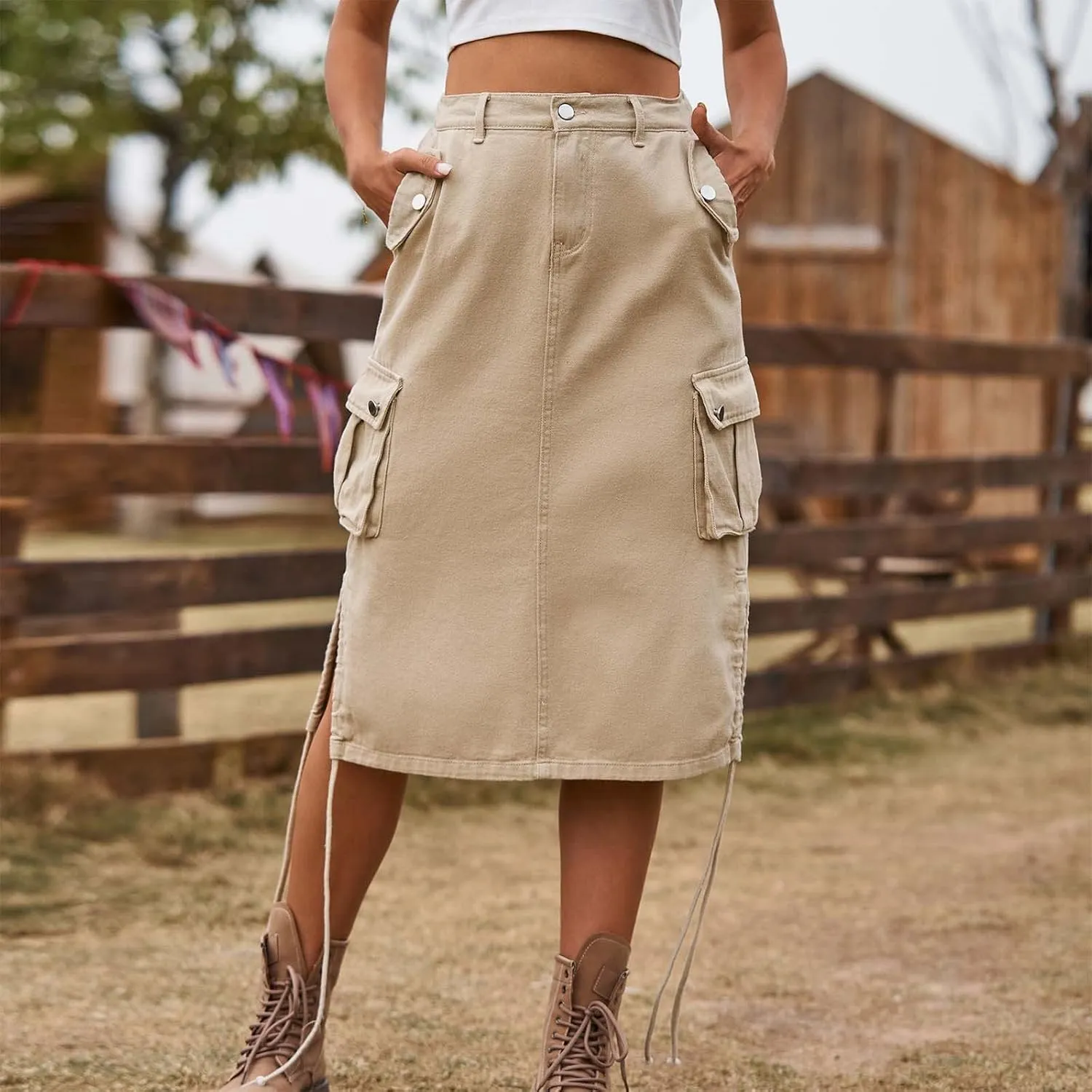 Women's Cargo Denim Skirt High Waisted Summer Casual Work Jeans Dresses Side Drawstring Midi Skirt with Pockets