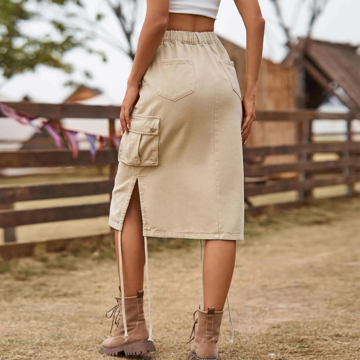 Women's Cargo Denim Skirt High Waisted Summer Casual Work Jeans Dresses Side Drawstring Midi Skirt with Pockets