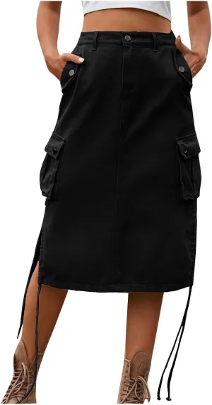 Women's Cargo Denim Skirt High Waisted Summer Casual Work Jeans Dresses Side Drawstring Midi Skirt with Pockets