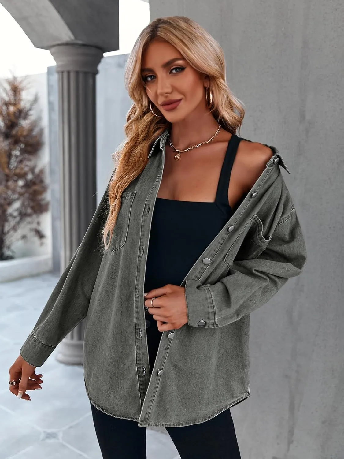 Women's Casual Button Down Denim Shirt Long Sleeve Boyfriend Oversized Jean Jacket with Pockets
