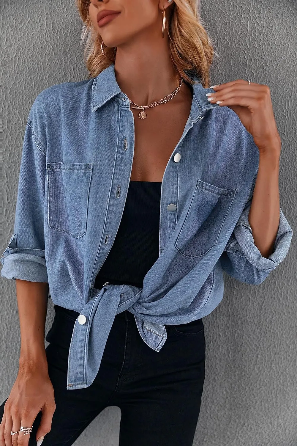 Women's Casual Button Down Denim Shirt Long Sleeve Boyfriend Oversized Jean Jacket with Pockets