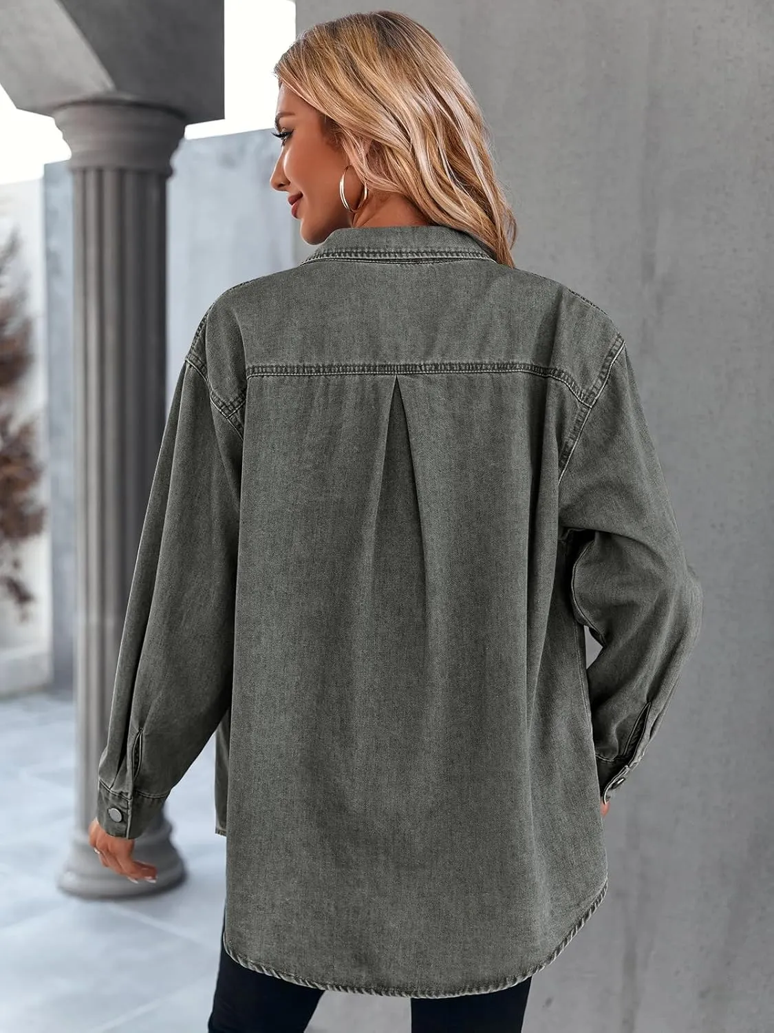 Women's Casual Button Down Denim Shirt Long Sleeve Boyfriend Oversized Jean Jacket with Pockets