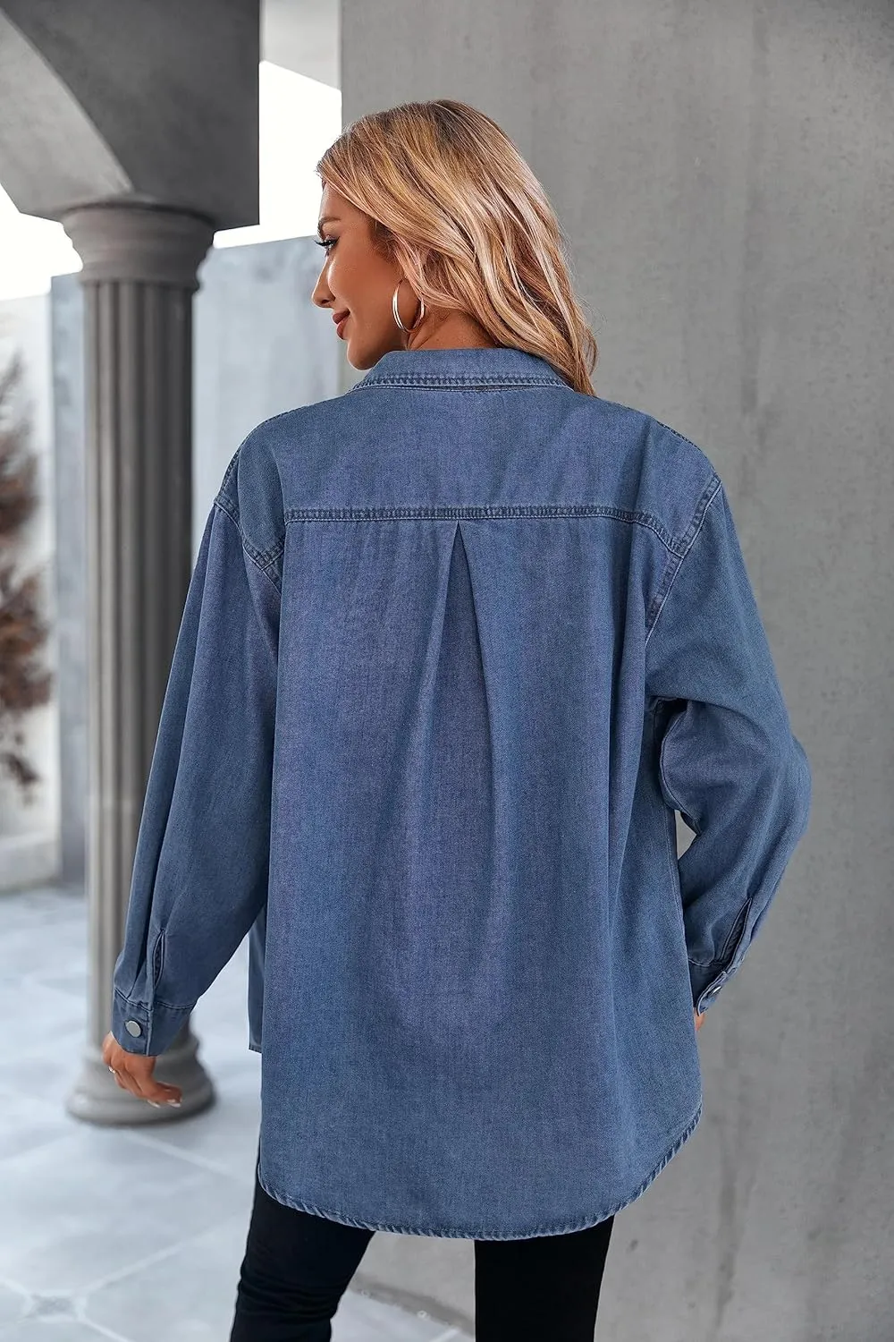 Women's Casual Button Down Denim Shirt Long Sleeve Boyfriend Oversized Jean Jacket with Pockets
