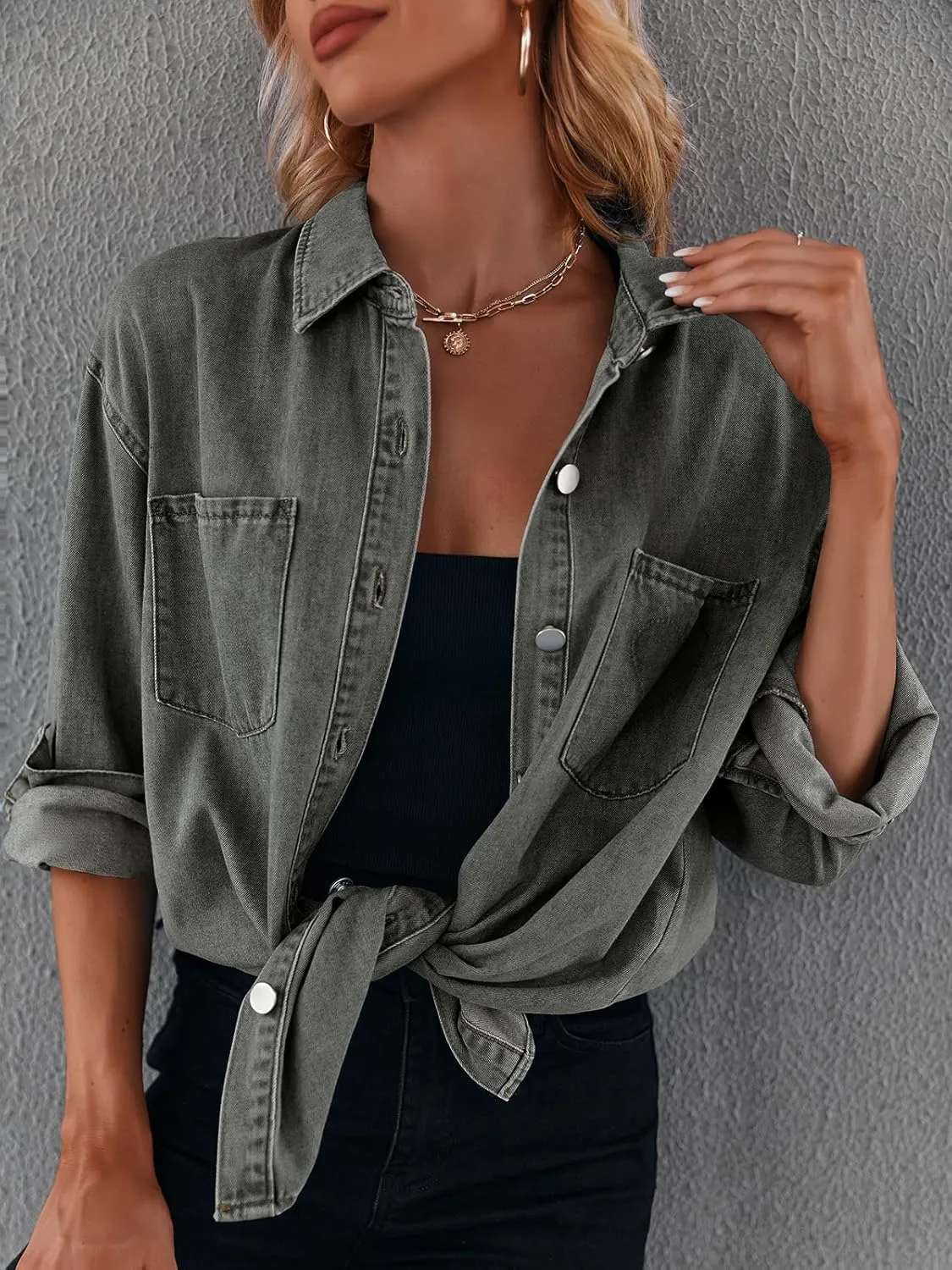 Women's Casual Button Down Denim Shirt Long Sleeve Boyfriend Oversized Jean Jacket with Pockets